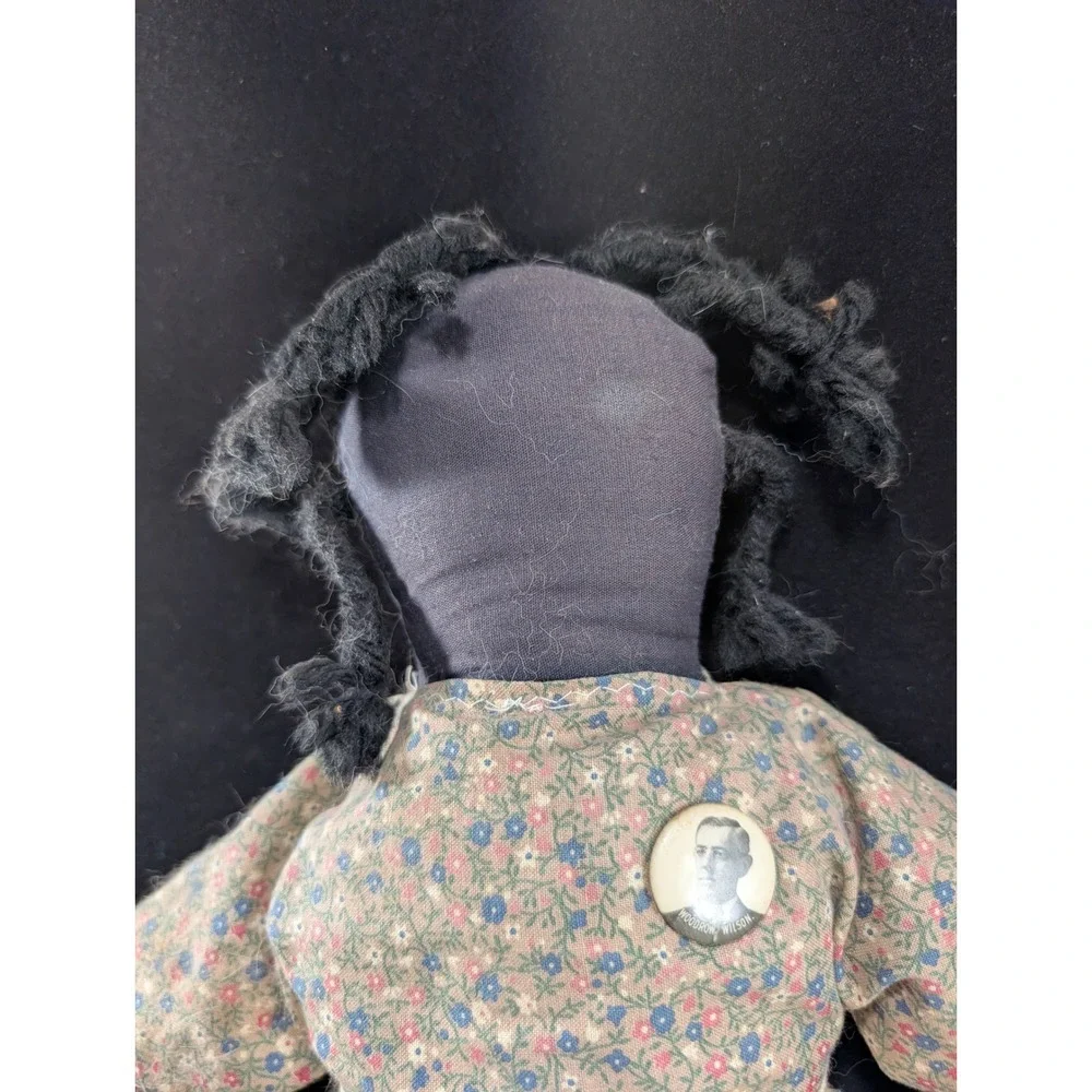 Antique Primitive Cloth Rag Doll‎ Woodrow Wilson Campaign Pin Floral Dress 12in